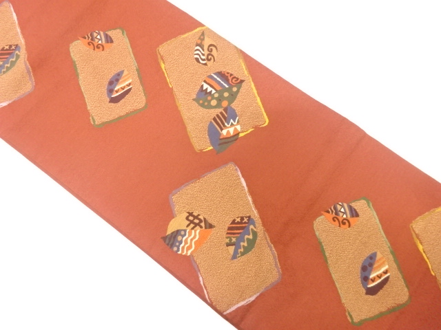 枡に木の葉模様織り出し　名古屋帯